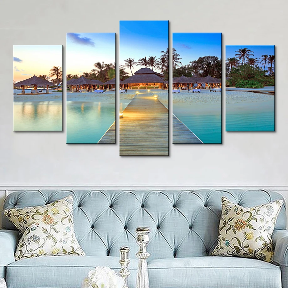 

Decor Home Living Room Frame 5 Pieces Sea Bridge Palm Trees House Seascape Pictures HD Printed Modular Canvas Paintings Wall Art