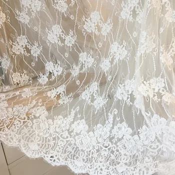 

3 Meters Off White Floral Embroidery Lace Fabric, Bridal Gown Veil Shrug Lace with Scallop Border bidal cape fabric 150cm wide