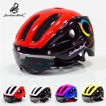 

Adult TT Bike Helmets with Lens Ultralight Head Protect Goggles Helmet Double PC Shell Protect MTB Road Bicycle Helmet 54-59cm