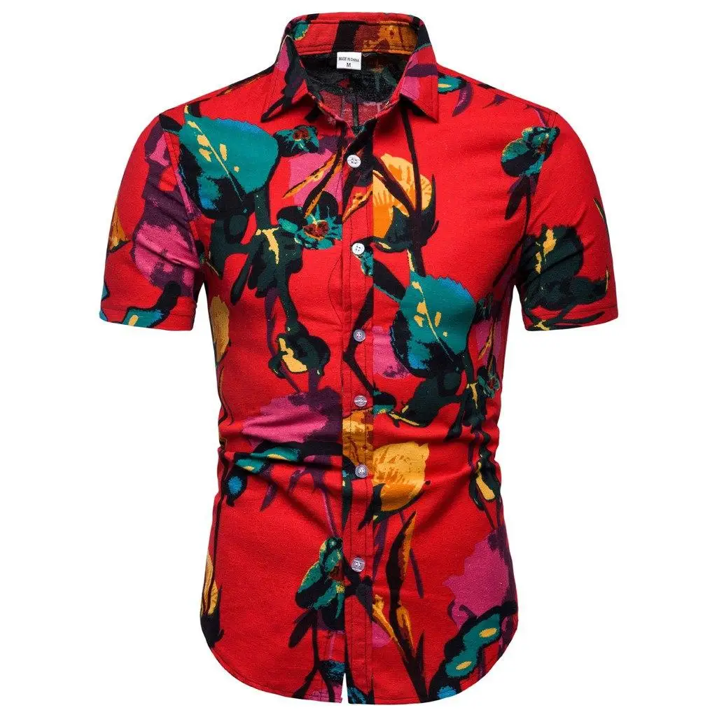 

LOLDEAL Casual Flower Shirts Pattern Hawaiian Lapel Print Short Sleeve Shirt Mens Trend Top Summer Mens Shirt