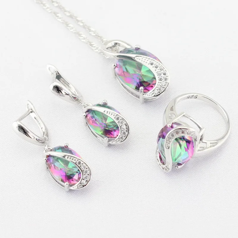 

WPAITKYS Mulicolor Rainbow Stones Silver Color Jewelry Sets For Women Party Necklace Pendant Earrings Rings Free Gift Box