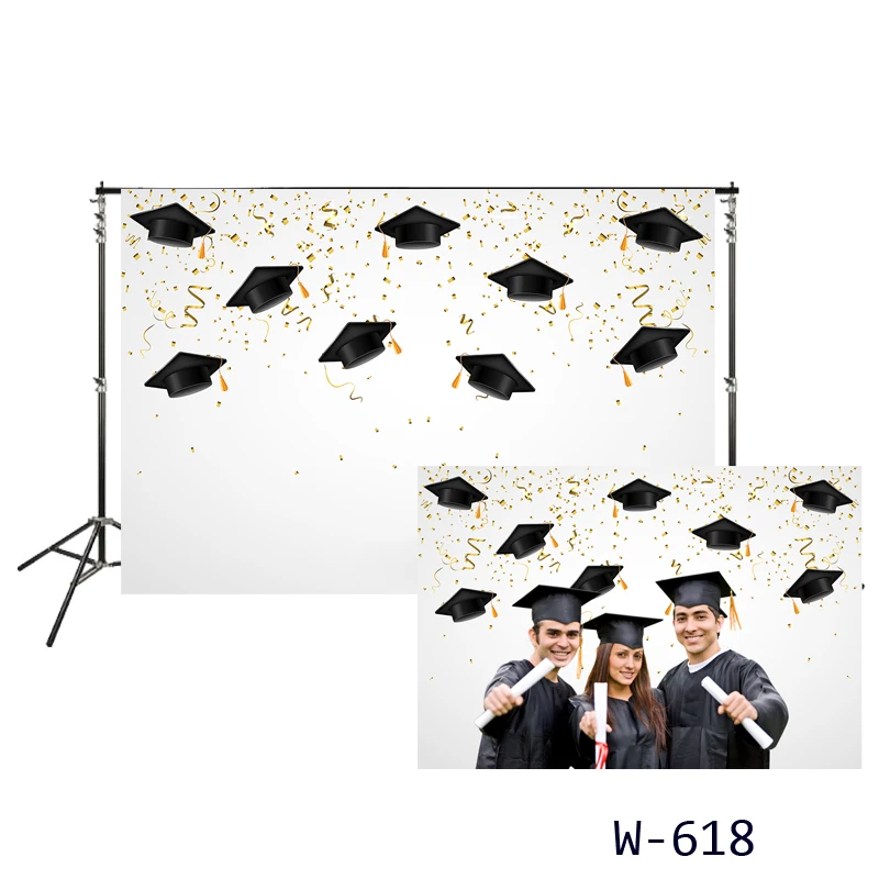 

Graduation Party Backdrop Congrats Grad Sign Party Banner 2019 class golden Confetti Hats Ribbon Graduate background photo booth