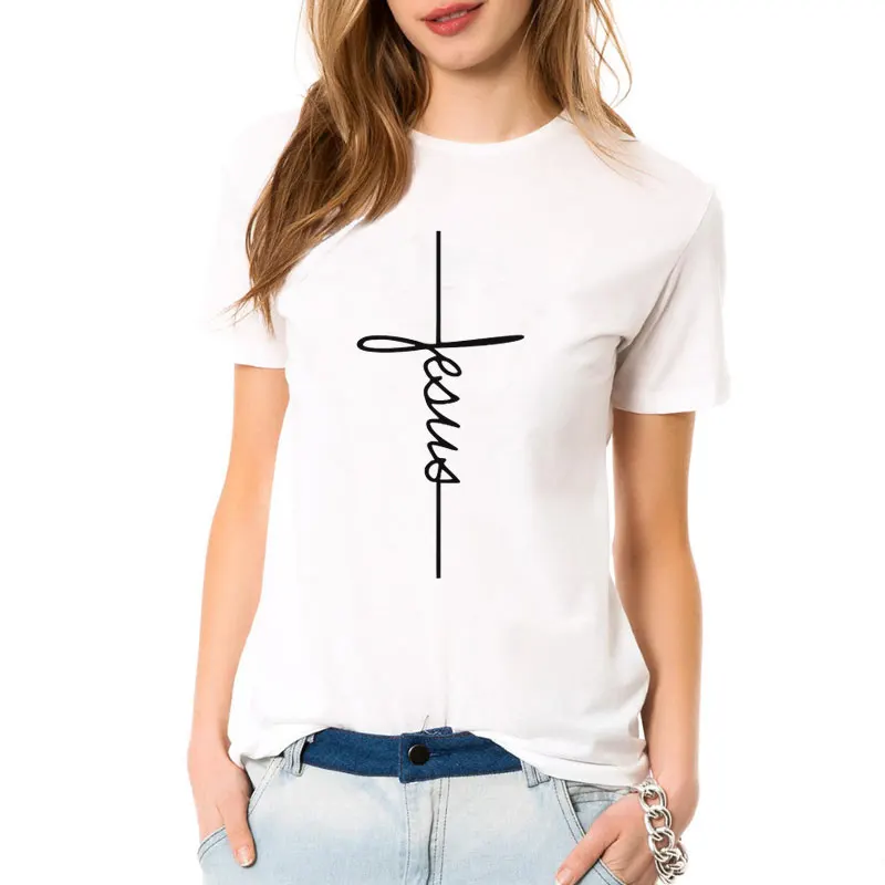 

New Women Jesus Cross T-Shirt Christian Religious Tshirt Funny Graphic Tees Ladies O Neck Casual Tops Drop Ship Cotton Clothes