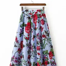 Новая юбка миди в мелкую клетку с цветочным принтом и контрастным поясом и боковыми карманами на пуговицах спереди-Женская юбка с принтом в мелкую клетку