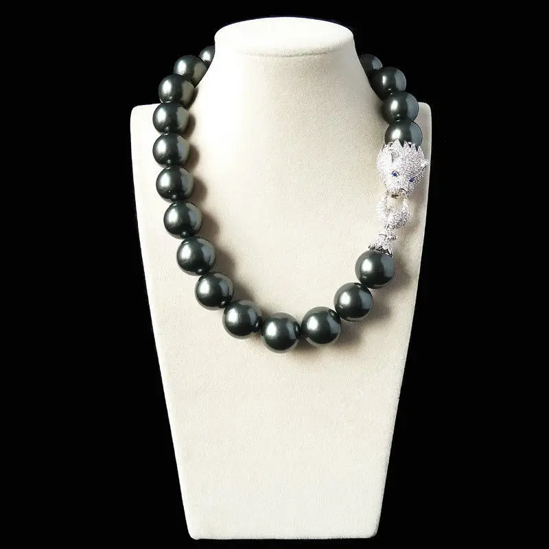 

Miss charm Jew809 AAA+ 19'' 18mm black green shell pearl inlay zircon leopard head LUXURY necklace