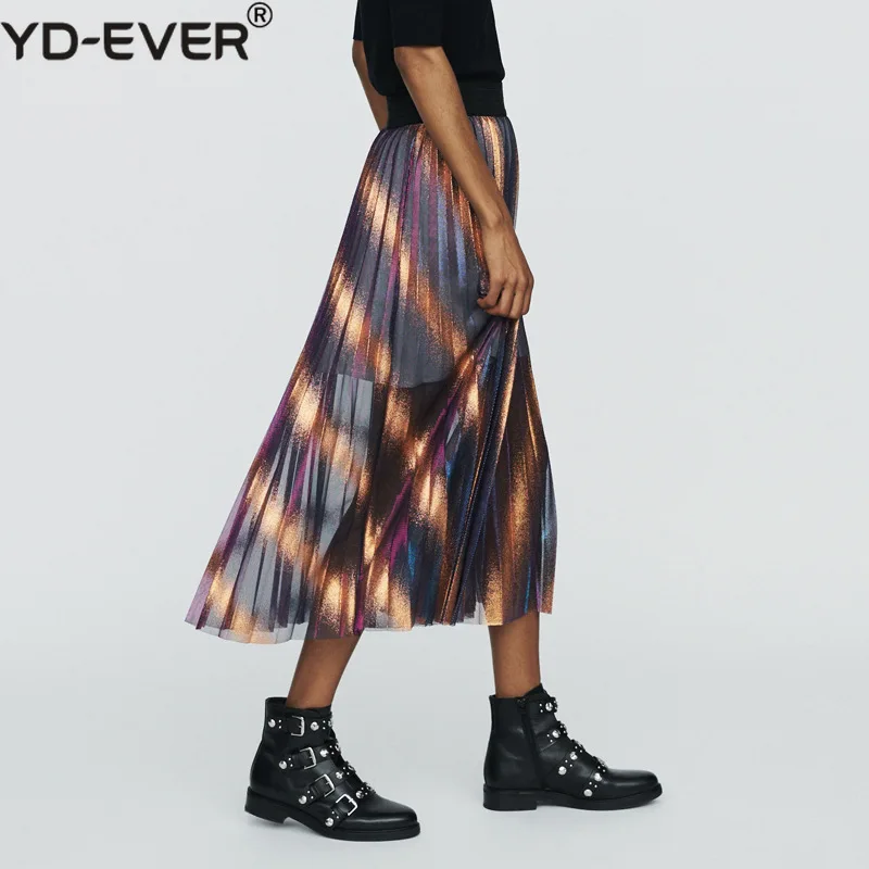 

2019 New Women Pleated Midi Skirt Colorful Gradient Mesh Pleated Skirt