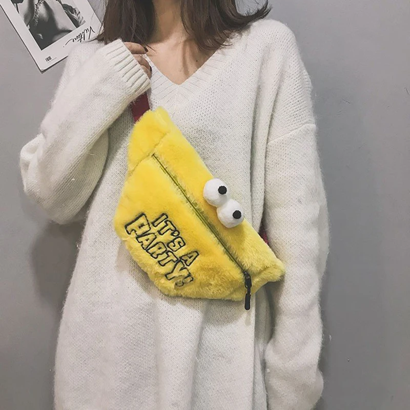 

Cute Women fur Waist Bag Funny Chest Bags Fashion Travel Belt Shoulder Bag For Teenager Girls Waist Bag