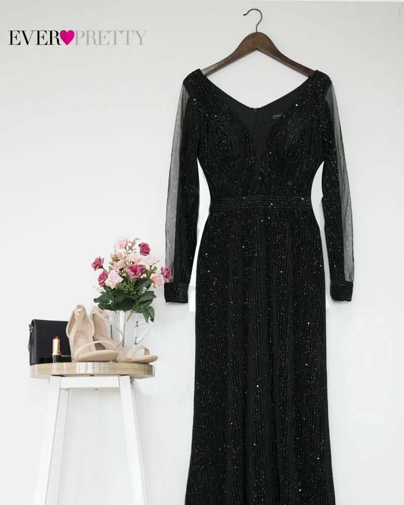 Evening Dresses 2019 Long Sleeve Ever Pretty V-neck Sparkle Elegant Little Mermaid Autumn Winter Long Formal Party Prom Gowns