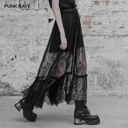 Панк рейв Готический женский, Черный Длинные Двухслойная юбка макси гот модные, пикантные кружево с цветочным узором длинные юбки