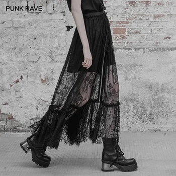 

PUNK RAVE Gothic Women Black Long Double Layered Maxi Skirt Goth Fashion Sexy Lace Floral Pattern Long Harajuku Skirts Womens