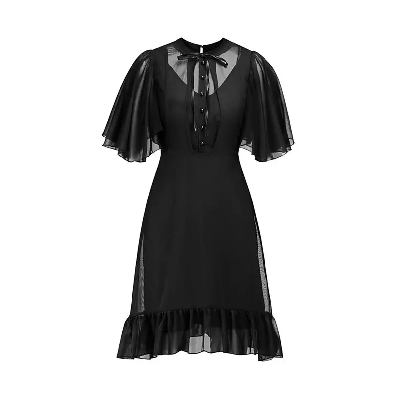 

Summer Party Sexy Dresses Black Vintage Evening Women Gothic Lace See Through Retro Pleated Ruffle Elegant Office Casual Dress