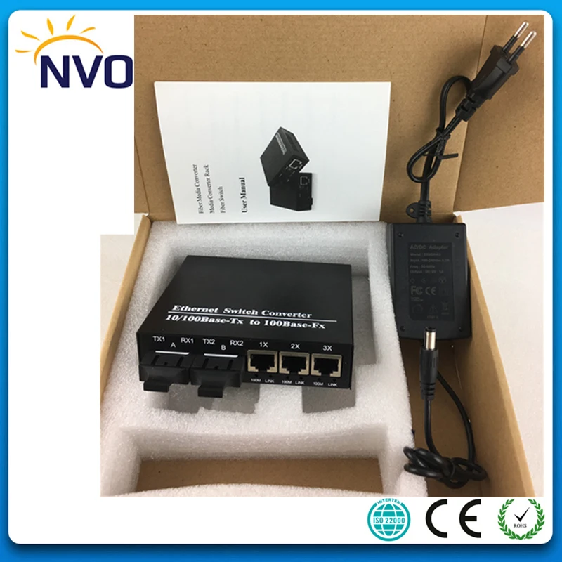 10/100 м упрощенной модели, сдвоенный SC 2 волокна+ 3RJ45 unmanged оптоволоконный коммутатор, 20 км Fast Ethernet волоконно-оптический аудио-видео конвертер, Euor Зарядное устройство, внешний Мощность