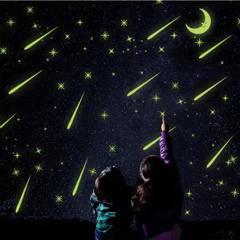 Fluorescente De Dibujos Animados Romantica Lluvia De Meteoros Bricolaje Luna Estrellas Luminosas Pegatinas De Pared Ninos Habitacion Nursery Mural Decal Wallpaper Luminous Stars Wall Stickerkids Room Aliexpress