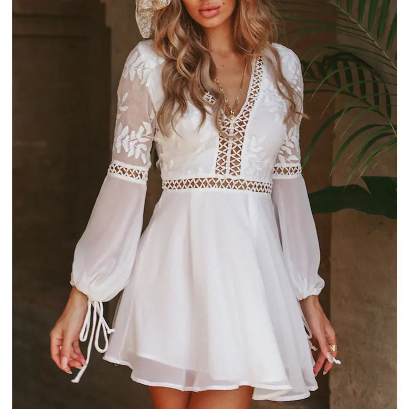 

Sexy V-neck Hollow Out Mini Dresses Women Casual Lantern Sleeve A-line Dress Elegant White Ladies Fashion Party Dress Vestidos