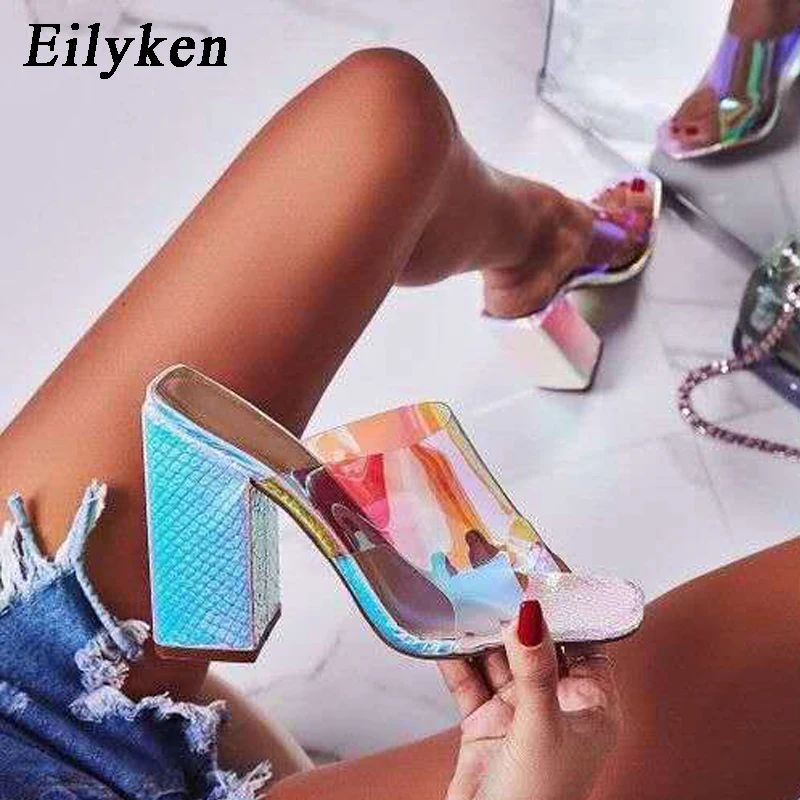 

Eilyken Summer serpentine PVC Transparent Slippers Fashion Peep Toe Square Heel Ladies Mules High Heel Slip On Slippers SIZE 42