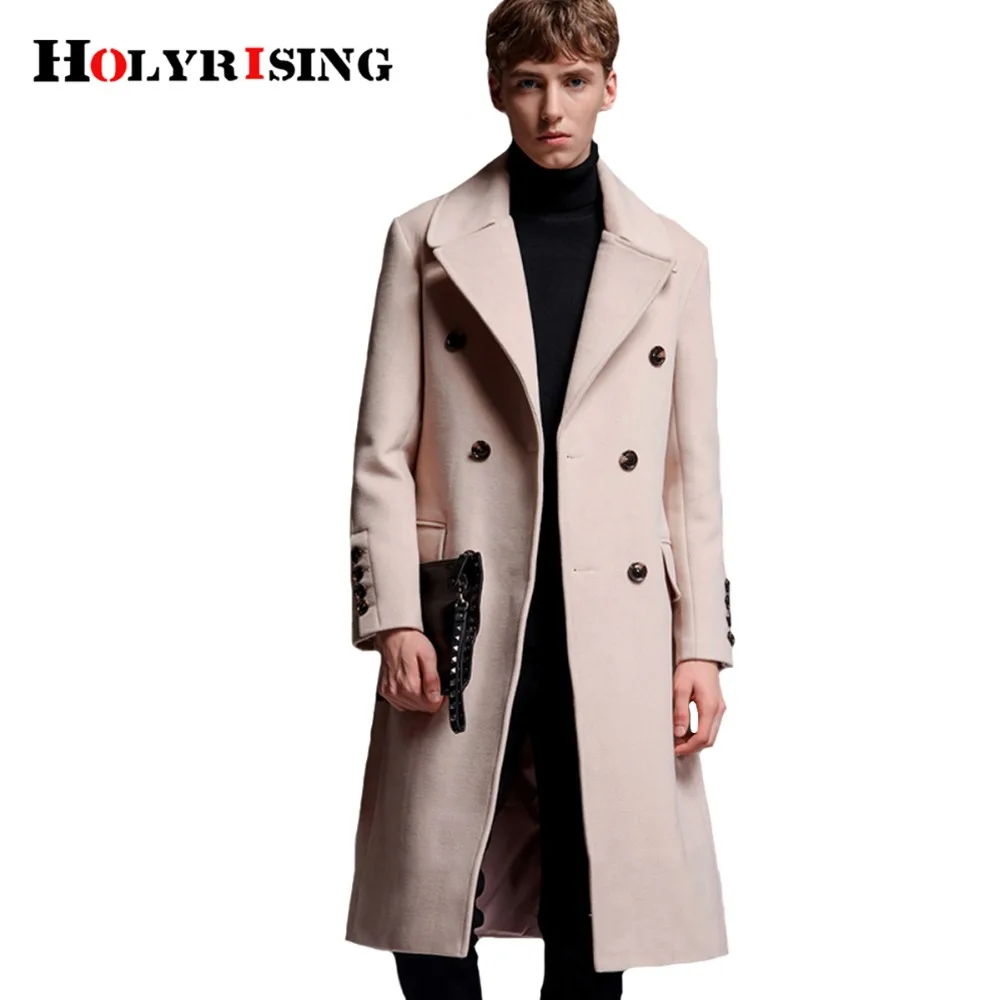 Holyrising Men Woolen Coats Long Wool Coat Turn Collar Casual Jackets
