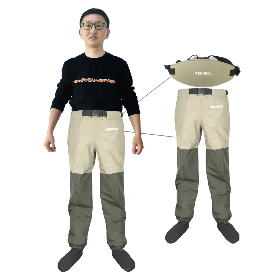 Original JEERKOOL Fly Fishing Waders Wading Pants Waistband Belt Overalls Men's Waterproof Cloth Breathable Foot Shoes fly fishing waders