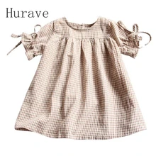 Hurave/ г.; весенне-летнее модное платье для девочек; Хлопковое платье с круглым вырезом для девочек; детское платье с короткими рукавами и завязками