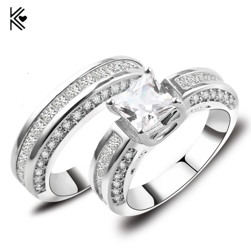 

2019 New White Crystal Zircon Ring Set for Women Men Engagement Double Rings White Gold Filled CZ Birthstone Jewelry Accessories
