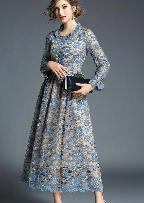 

High quality 2018 Summer New Arrival Round Collar Western Style Fashion Long Sleeve Round Collar Woman Long Lace Dress