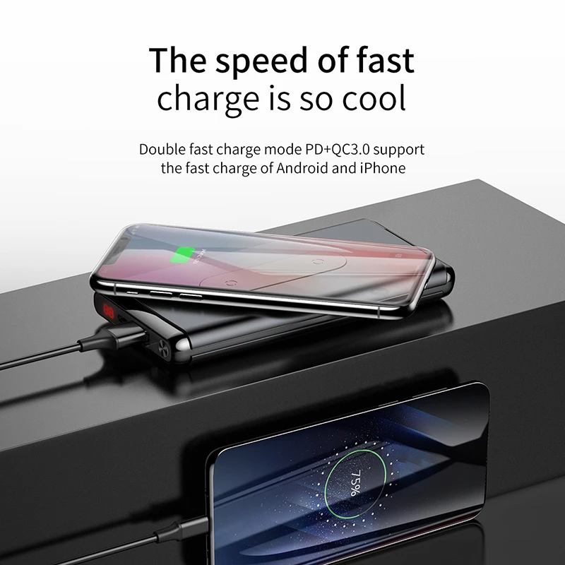 Baseus Wireless Power Bank 10000mah For iPhone XR Xs Max Portable External Battery Pack LCD Display QC3.0 Fast Charger Powerbank