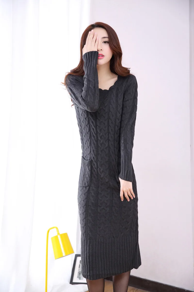 Осенне-зимний свитер с высоким воротом, Женский вязаный пуловер с разрезом, длинный свитер, платье, Pull Femme, толстый свитер, пуловеры, платье C3685 - Цвет: dark grey style 2