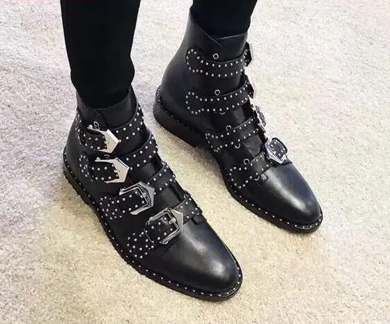 

Spring Hot Female Fashion Street Boots Knight Style Ladies Square Heel Boots Studded Leather Buckles Women Ankle Boots Size 42