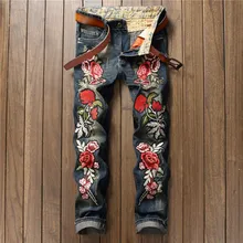 Man’s Popular rose embroidery Jeans 2017 Brand design Hole patch ripped DJ nightclub jeans pants Plus Size 28-38 For Male