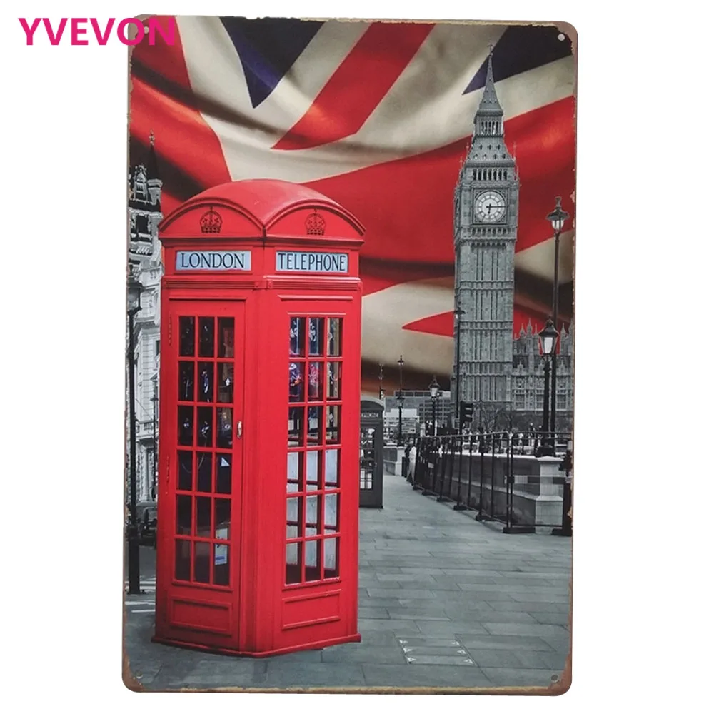 

London Telephone Box Vintage New Decor Sign Retro Tin Big Ben Plaque Metal Phone Booth Building Plate Europe City 20x30cm