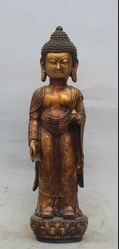 

19" Chinese Tibet Buddhism Bronze Gilt Stand Shakyamuni Sakyamuni Buddha Statue