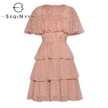 

SEQINYY Pink Chiffon Dress 2020 Summer New Fashion Design Short Sleeve Embroidery Dot Flowers Lace Hollow Cascading Ruffle Dress