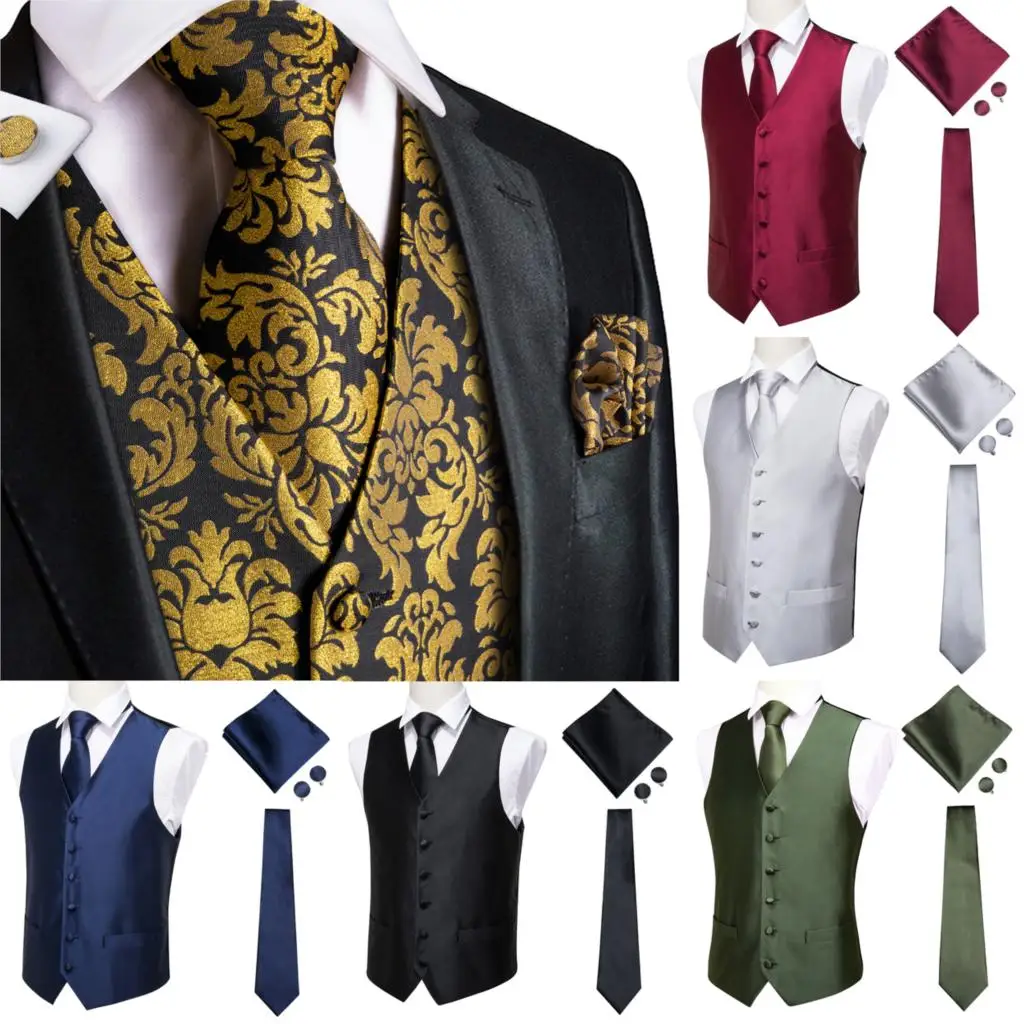 Hi-Tie Men Suit Vest Silk Waistcoat Slim Paisley Tie Cufflinks Handkerchief Formal  Vest Gold/Red/Black for Tuxedo Business