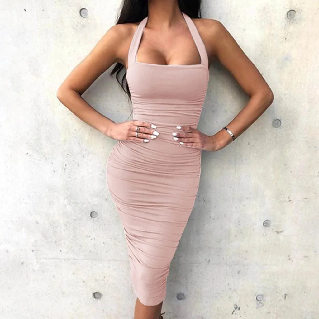 Женское сексуальное платье с бретелькой летнее эластичное однотонное Vestidos без
