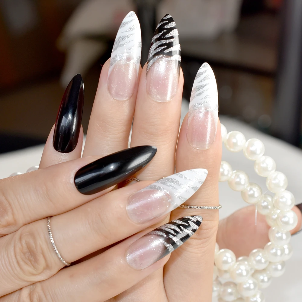 Удлиненные заостренные предварительно спроектированные ногти черно-белые изогнутые зебры нажмите на ногти длинные французские ногти включая клей-стикер