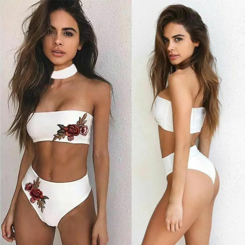 

Hirigin Sexy Women Summer Strapless Push Up Bikini Swimsuit Set Embroidered Floral Bath High Waist Retro Beachwear Swimwear