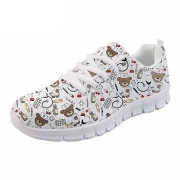 

NOISYDESIGNS White Cute Cartoon Nurse Bear Pattern Women Casual Sneakers Nursing Comfortable Mesh flat Shoes for Female Girls