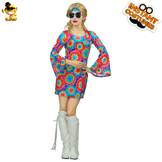 Women 60's 70's Retro Dress Fancy Dress Lady Disco Beauty Flower