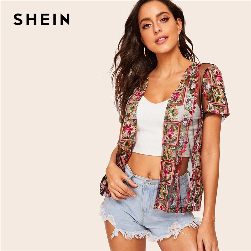 

SHEIN Bohemian Multicolor Sheer Embroidered Mesh Kimono Cardigan Women Summer 2019 Short Sleeve Vacation Beach Casual Kimonos