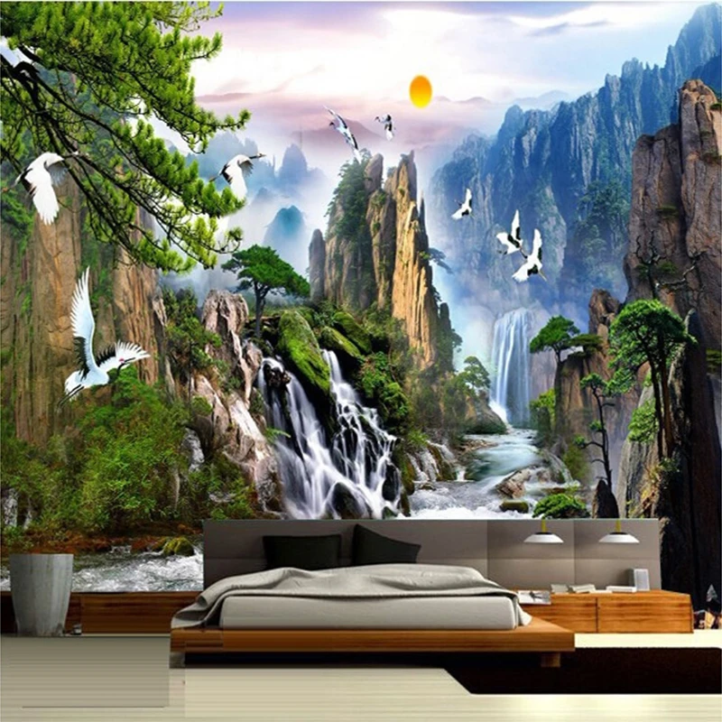 Estilo Chinês Paisagem Pinturas Mural de Parede Sunrise Mountain Cachoeira Guindaste Vermelho-coroado Papel de Parede Personalizado 3d Foto Sala