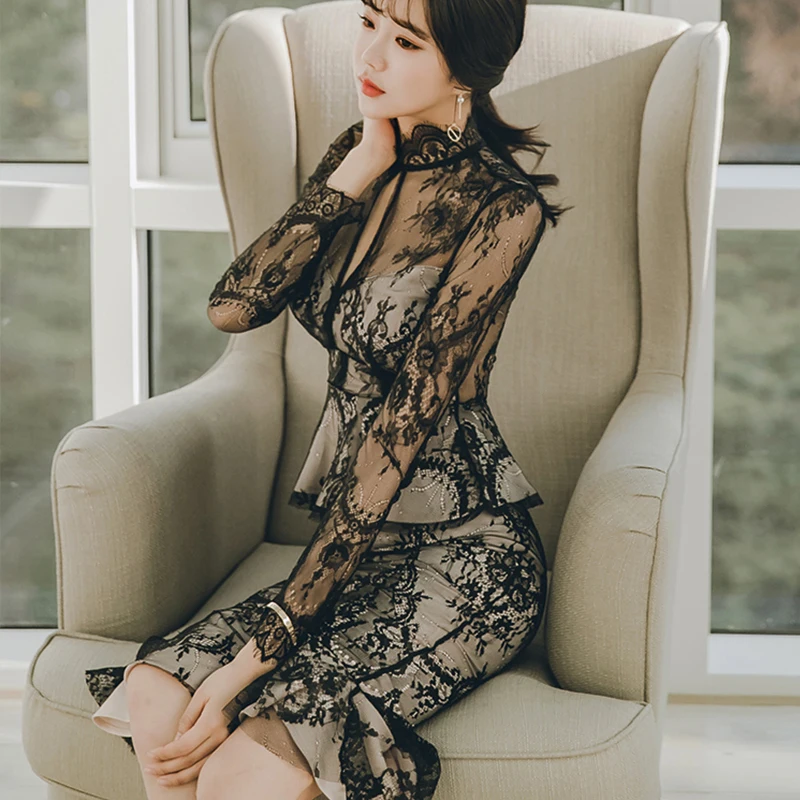 

Mingjiebihuo fashion winter autumn perspective hollow stand dress new arrival long sleeve wild slim sexy party lace girls dress