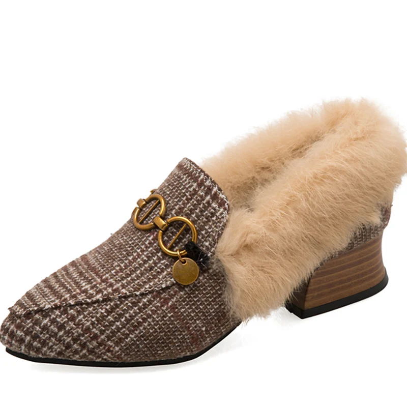 

Moxxy 2018 New Arrive Winter Women Pumps Fur Black Heels Flock Point Toe Autumn Platform Heels Block Heel Shoes Wedding Shoes