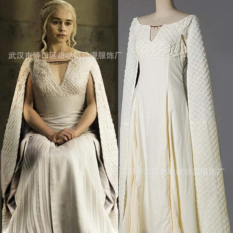 

Halloween Game of Thrones Daenerys Targaryen Costumes Khaleesi white Dress with cape Mother of Dragons fancy dress