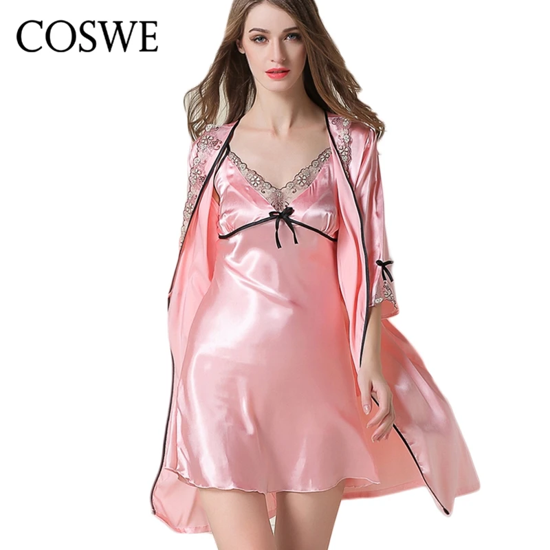 COSWE XXL Women Robe Silk Nightgown Set Lace Gown Sexy Nightie And Robe