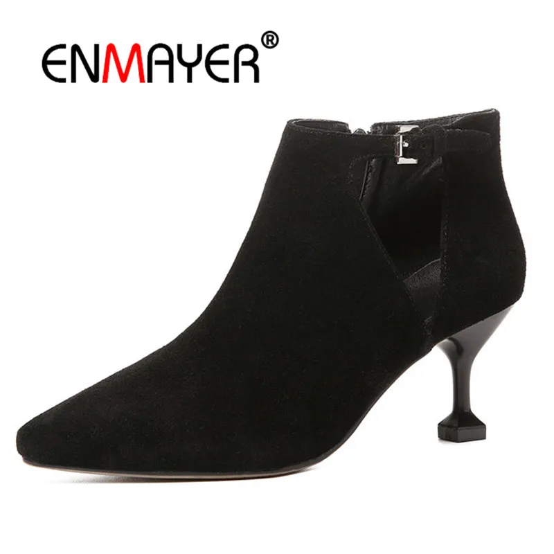 

ENMAYER Ankle Boots for women Zip Pointed toe Thin Heels Winter Shoes Fashion Boots Hollow Buckle strap High heels boots CR1009