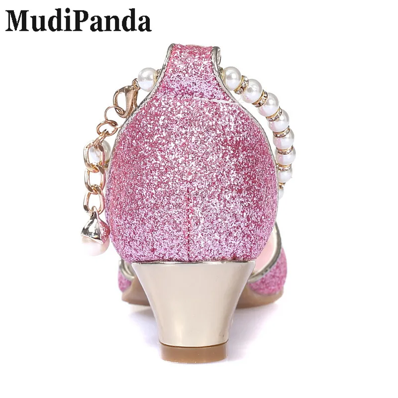 MudiPanda сандалии для девочек новая обувь с жемчугом детская Обувь на высоком каблуке студент танцевальная обувь/производительность обувь Размер 28-38 розовый белый