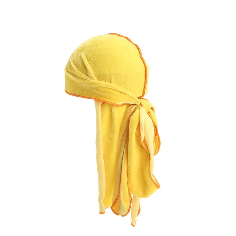 Мужской длинный хвост пиратский тюрбан модный роскошный бархат дюраг Бандана тюрбан шапка унисекс головной убор для байкеров твердые мужские аксессуары для волос - Цвет: Yellow