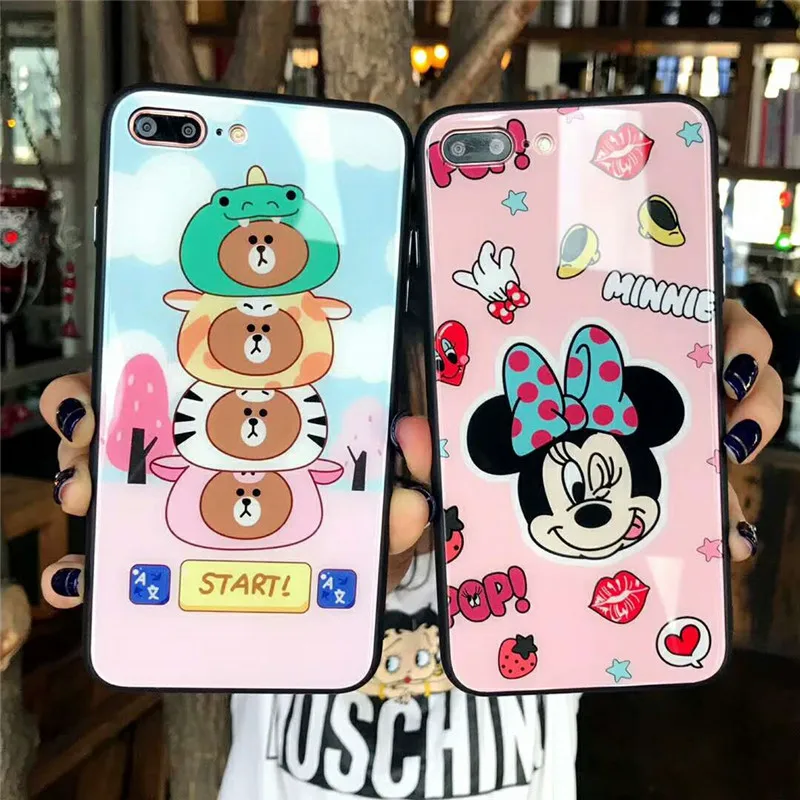 Cute Cartoon Bear minnie Tempered Glass soft Edge Case for iPhone 7 8 6 6s plus X Funny Stacked bear love heart coque cover |