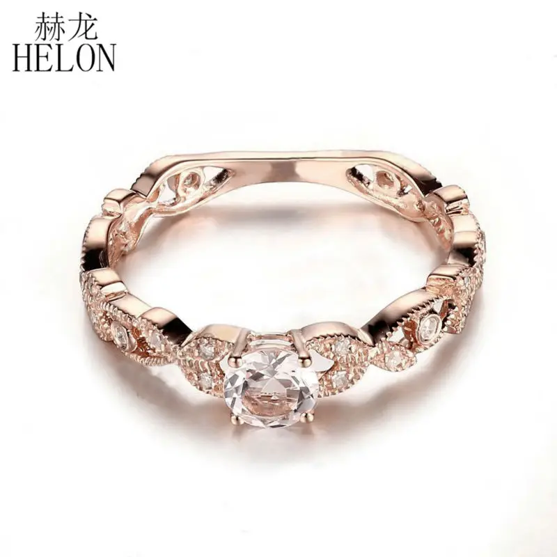 

HELON Round 4.5mm 0.32ct Morganite 0.2ct Diamond Fine Ring Real 14K Rose Gold Women's Engagement Wedding Fashion Jewelry Ring