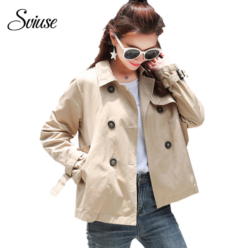 Women Short Trench Coat Autumn Winter Classic Khaki Double Breasted