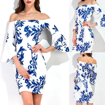 

Women Summer Dress Printing Empire Above Knee Off Shoulder Slash Neck Flare Sleeve Backless Mini Dress Sheath